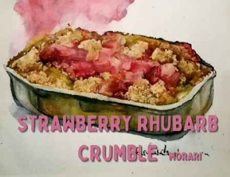Strawberry Rhubarb Crumble - Stewed Rhubarb, Strawberry, Buttery Crumb Crust.